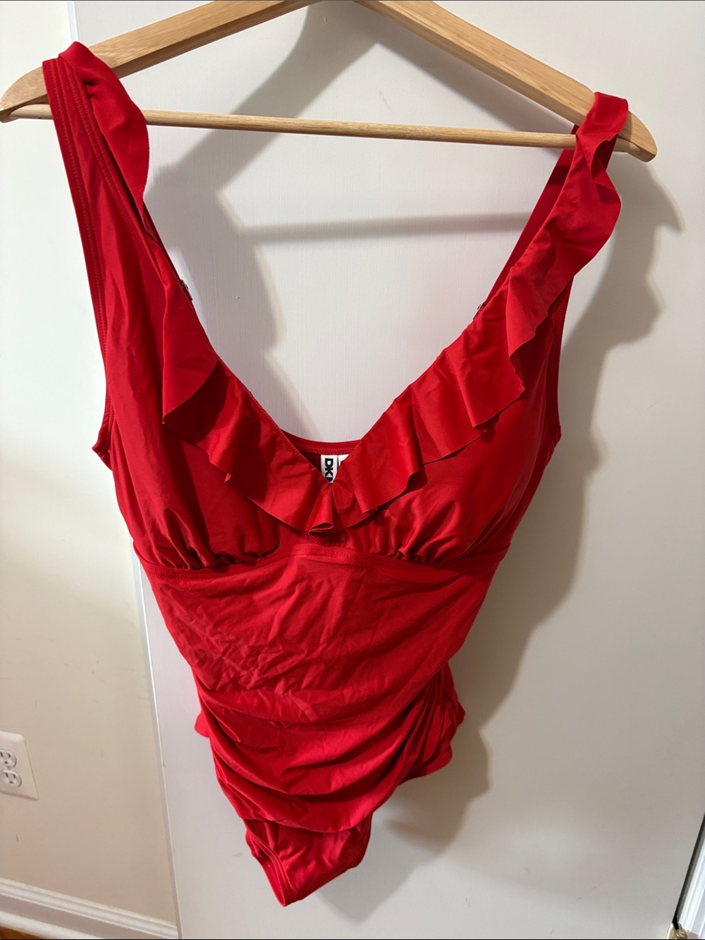 DKNY Red V-Neck Ruffle One-Piece Swim